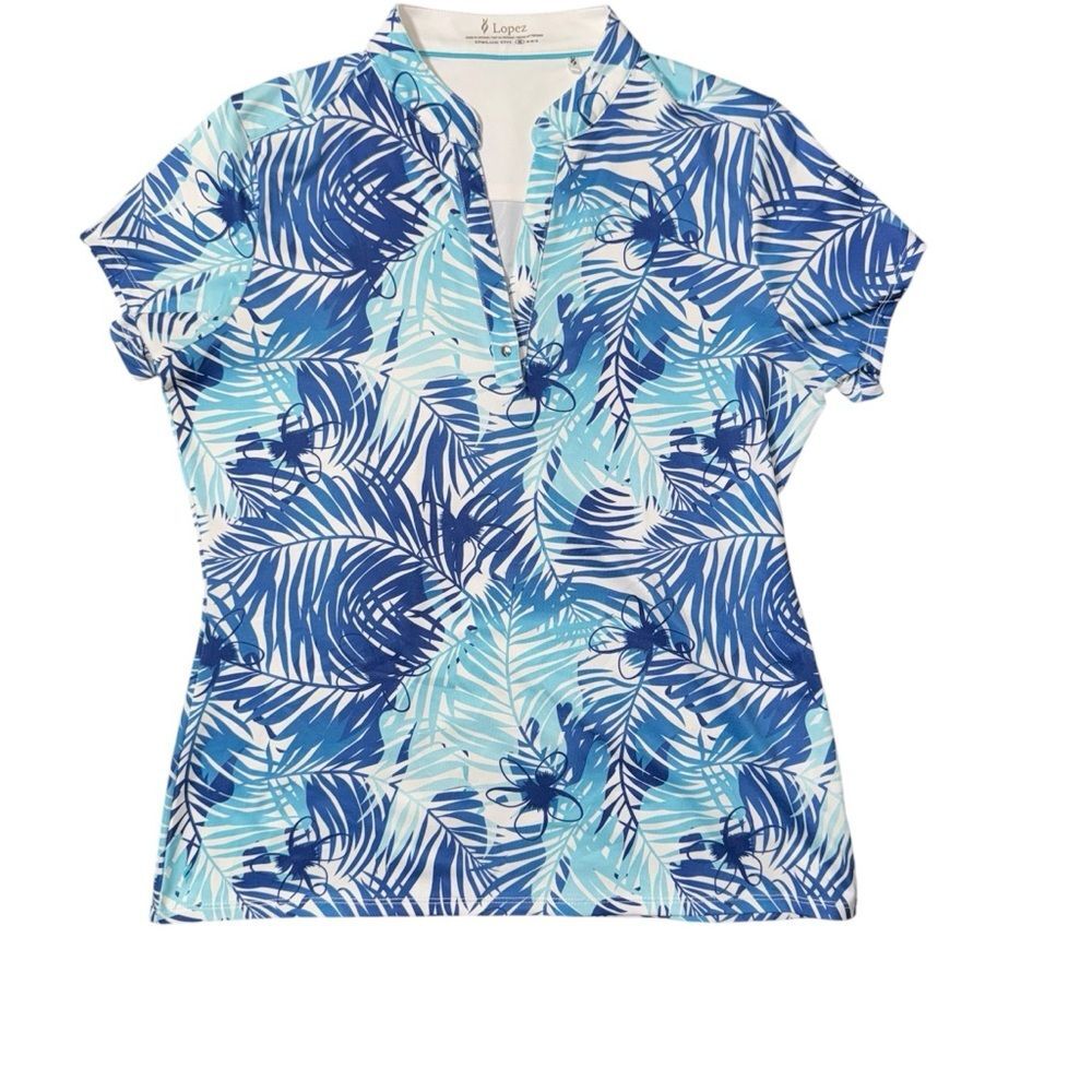 Nancy Lopez Golf White and Blue Tropic Short Sleeve Golf Polo Medium
